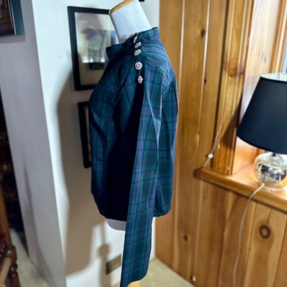 J. CREW Navy Green Blackwatch Tartan Plaid Crystal Buttons Blouse Shirt – 0 - Picture 5 of 11